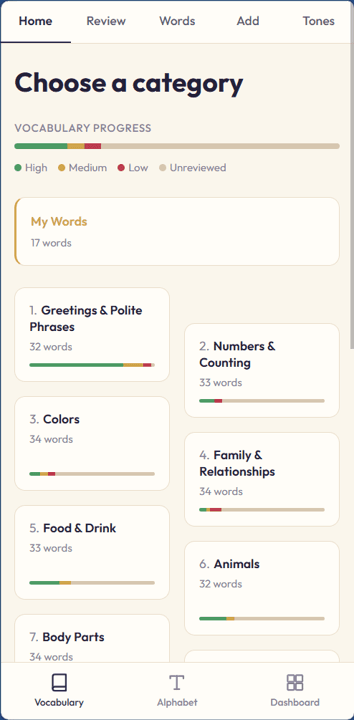 My Thai category browsing screen showing Thai vocabulary categories.
